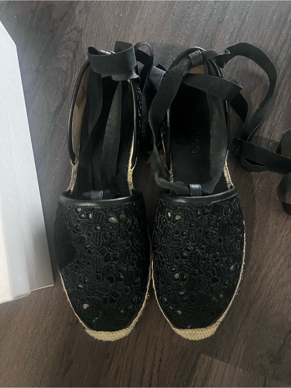 Jimmy Choo Black Lace Espadrille Wedge Sandals with Ribbon Tie